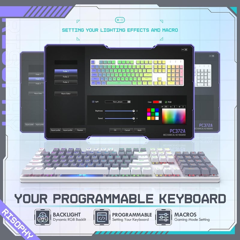 RisoPhy Wireless Mechanical Keyboard, Triple Mode 2.4G/USB-C/Bluetooth Gaming Keyboard, 104 Keys Programmable, Customize RGB Backlit, Red Switch, Bicolor PBT Keycaps, Rechargeable Wired for Laptop PC - Image 3